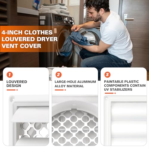 Beaquicy 4" Louvered Dryer Vent Cover by Beaquicy - Outdoor White Exhaust Cap with Aluminum Built-in Pest Guard Screen & Screws for 4 Inch Opening Hood Duct - Image 2