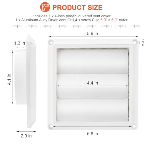 Beaquicy 4" Louvered Dryer Vent Cover by Beaquicy - Outdoor White Exhaust Cap with Aluminum Built-in Pest Guard Screen & Screws for 4 Inch Opening Hood Duct - Image 5