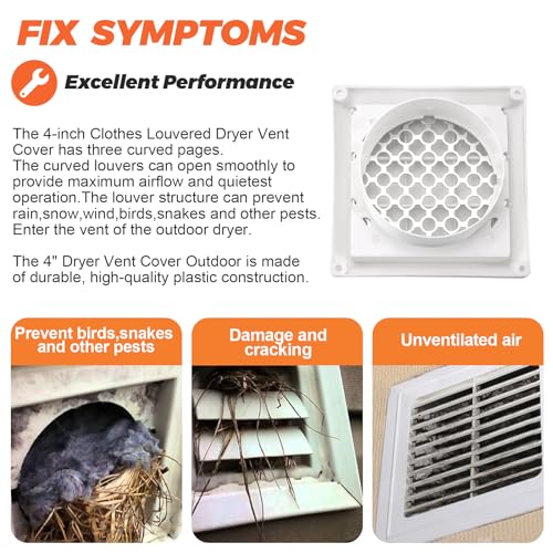 Beaquicy 4" Louvered Dryer Vent Cover by Beaquicy - Outdoor White Exhaust Cap with Aluminum Built-in Pest Guard Screen & Screws for 4 Inch Opening Hood Duct - Image 4