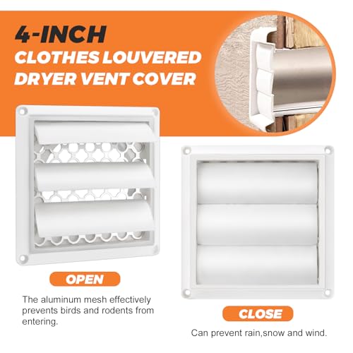 Beaquicy 4" Louvered Dryer Vent Cover by Beaquicy - Outdoor White Exhaust Cap with Aluminum Built-in Pest Guard Screen & Screws for 4 Inch Opening Hood Duct - Image 3