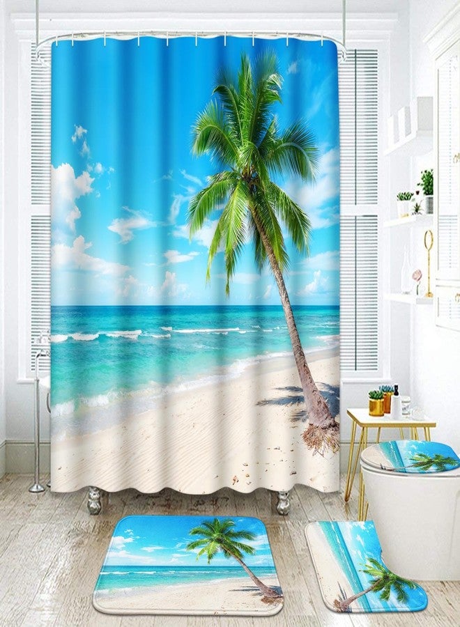 ArtSocket Beautiful Beach Bathroom Set with Shower Curtain and Rugs Accessories, Coconut Palm Paradise Summer Island Tropical Tropical Shower Curtain for Bathroom Decor 4 Pcs - Image 1