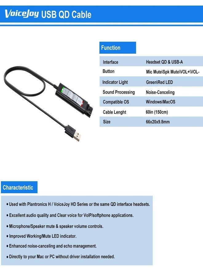 VoiceJoy U20 Quick Disconnect QD to USB Plug Adapter with Mute Volume Control Compatible with Plantronics Headset QD Connector Plug to Any Computer Laptop VOIP Softphone 201852-01 - Image 5