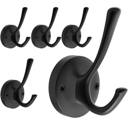 TOFIIGREM Black Towel Hooks for Wall, 5 Pack Coat Robe Hook Heavy Duty Metal Double Bath Hook Wall Mounted, Hat Hooks for Cubicle Bathroom Kitchen Closet Garage - Image 1