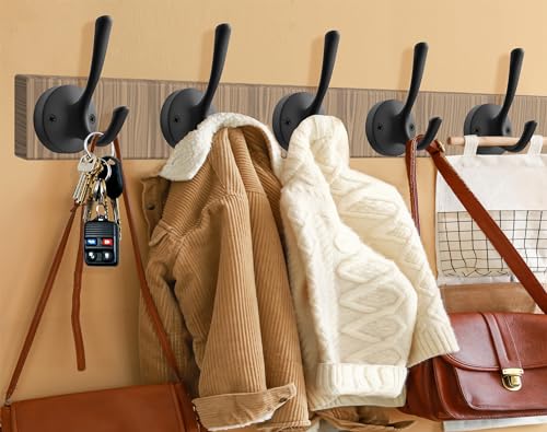 TOFIIGREM Black Towel Hooks for Wall, 5 Pack Coat Robe Hook Heavy Duty Metal Double Bath Hook Wall Mounted, Hat Hooks for Cubicle Bathroom Kitchen Closet Garage - Image 2