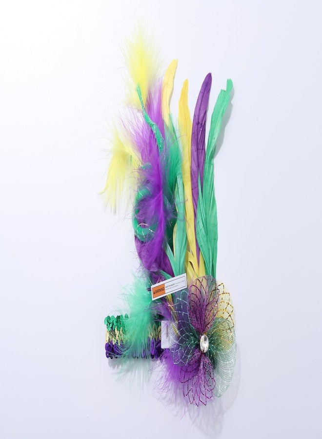 ووي عصابات رأس ماردي غرا من Woeoe، بألوان البنفسجي والأصفر والأخضر، مزينة بريش صناعي، مناسبة للكرنفالات، وقبعات تنكرية، وأقنعة حفلات، وإكسسوارات شعر لحفلات الكوكتيل، وأزياء الحفلات الصاخبة، وإكسسوارات شعر للنساء - Image 1