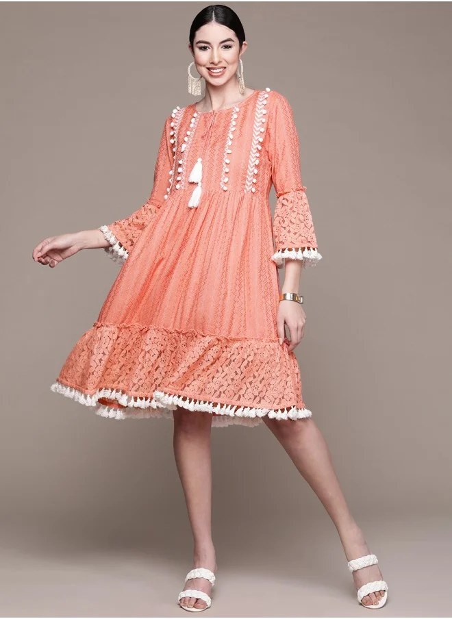 ISHIN Peach-Coloured Embroidered Tasseled Laced Midi Dress