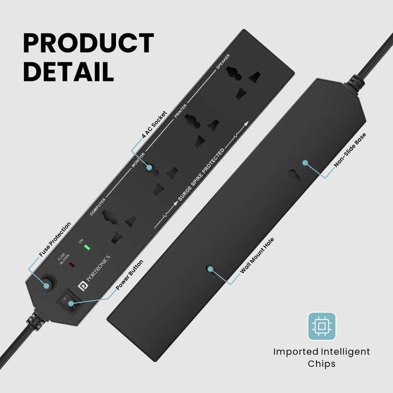 Portronics Power Plate 10 Extension Board with 4 Universal Sockets, 3 Meter Long Cord, 1500 Watts, 6 Amp Multi Plug for Office & Home Appliances (Black) - Image 5