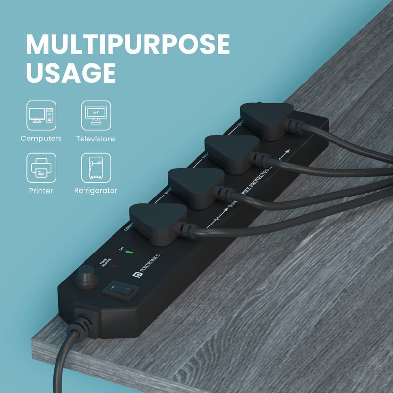 Portronics Power Plate 10 Extension Board with 4 Universal Sockets, 3 Meter Long Cord, 1500 Watts, 6 Amp Multi Plug for Office & Home Appliances (Black) - Image 3