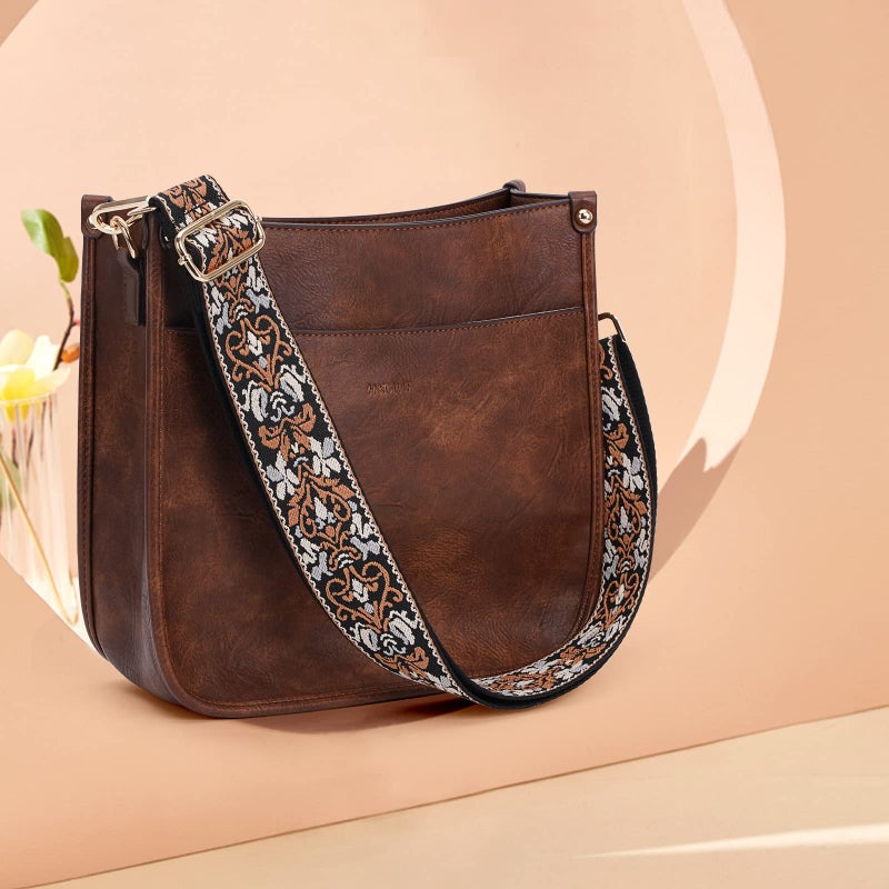 HKCLUF Crossbody Bags for Women Trendy Vegan Leather Hobo Handbags With 2pcs Adjustable Guitar Strap Crossbody Purse For Women(Browncoffee) - Image 2