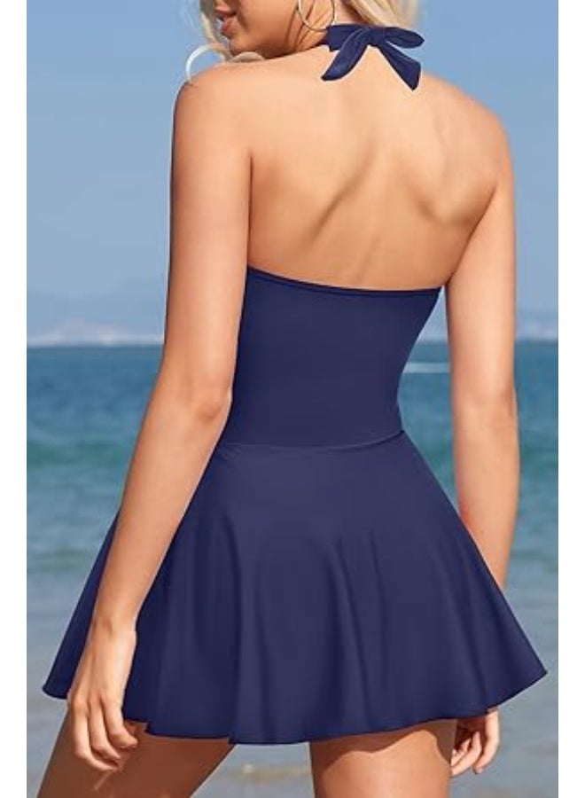 Women's one-piece swimsuit with shorts, navy blue, halter neck design, one-piece swim dress - Image 2