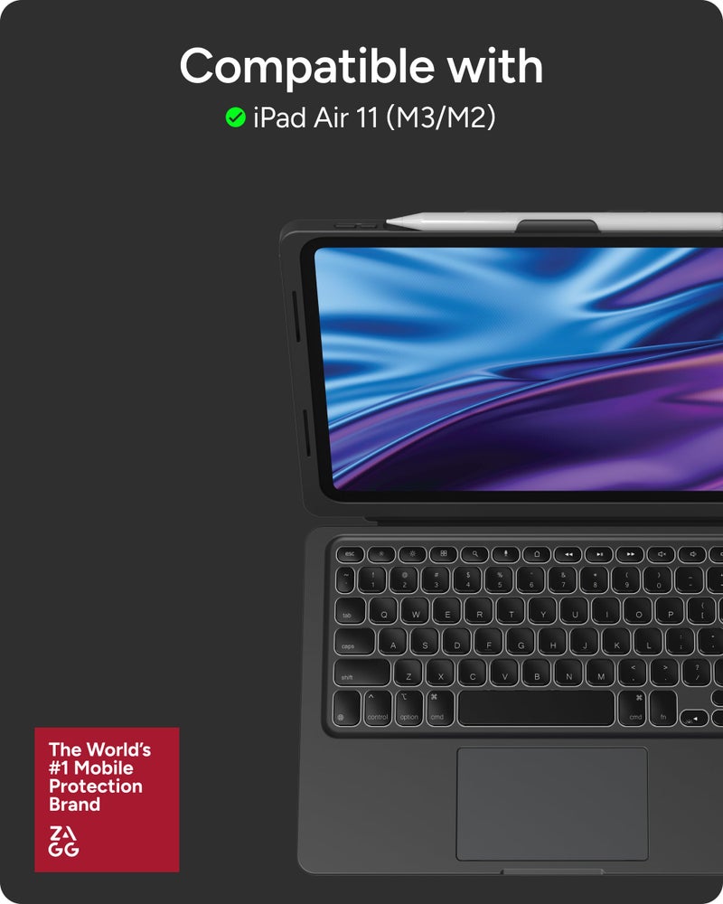 ZAGG حافظة لوحة مفاتيح ZAGG Pro Keys Connect لجهاز iPad Air 11" (M3)/ (M2)/ 10.9" (الجيل الرابع والخامس) - لوحة مفاتيح متصلة مباشرة عبر USB-C مع لوحة تتبع، مفاتيح مضيئة قابلة للفصل، حماية من السقوط حتى 6 أقدام، قاعدة قابلة للتعديل، سوداء - Image 2