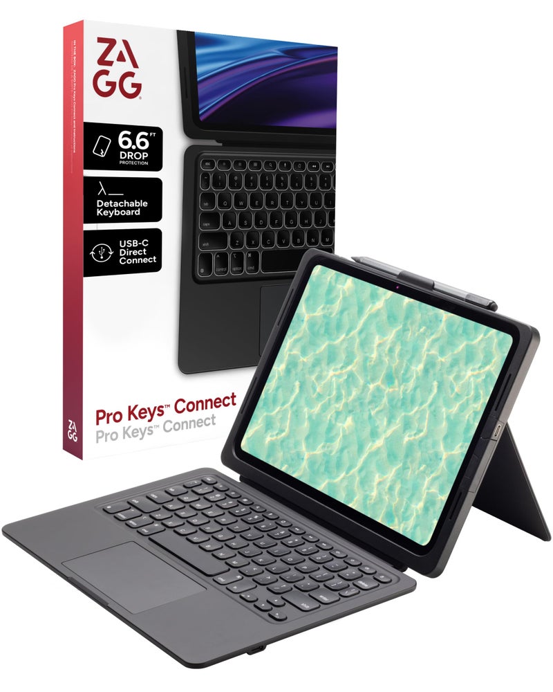 ZAGG حافظة لوحة مفاتيح ZAGG Pro Keys Connect لجهاز iPad Air 11" (M3)/ (M2)/ 10.9" (الجيل الرابع والخامس) - لوحة مفاتيح متصلة مباشرة عبر USB-C مع لوحة تتبع، مفاتيح مضيئة قابلة للفصل، حماية من السقوط حتى 6 أقدام، قاعدة قابلة للتعديل، سوداء - Image 1