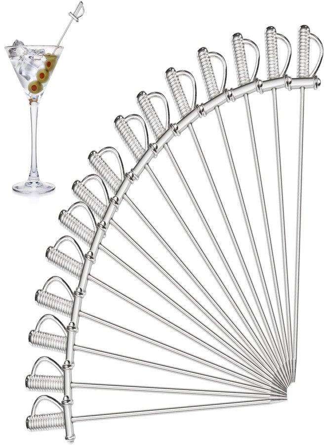 DEAYOU 15 PCS 18/10 Stainless Steel Cocktail Toothpicks, 4.4" Martini Drink Pick Stick, Metal Reusable Cocktail Skewers, Fruit Garnish Pick Swizzle Stirrer for Olive, Appetizer, Decor, Silver, Swords - Image 1