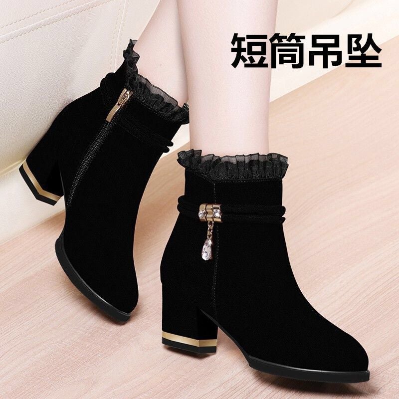 Thickened Fleece-Lined Boots 2023 Mid Heel Thick Heel Half Barrel Cotton Boots Non-Slip Soft Bottom Short Boots Snow Boots - Image 5