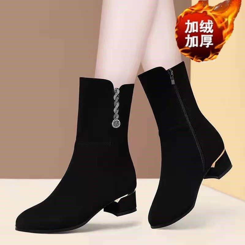Thickened Fleece-Lined Boots 2023 Mid Heel Thick Heel Half Barrel Cotton Boots Non-Slip Soft Bottom Short Boots Snow Boots - Image 1