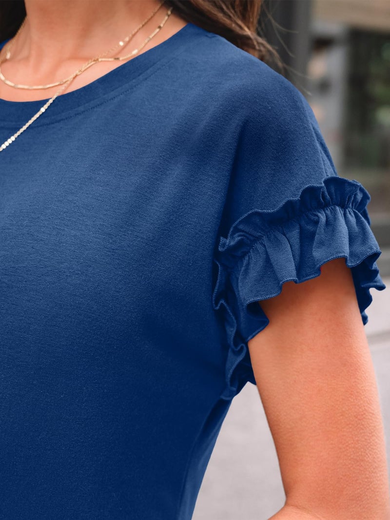 AUTOMET Womens Summer Trendy Tops Business Casual Short Sleeve Tshirts 2026 Cute Dressy Ruffle Crewneck Fashion Work OutfitsNavy S - Image 5