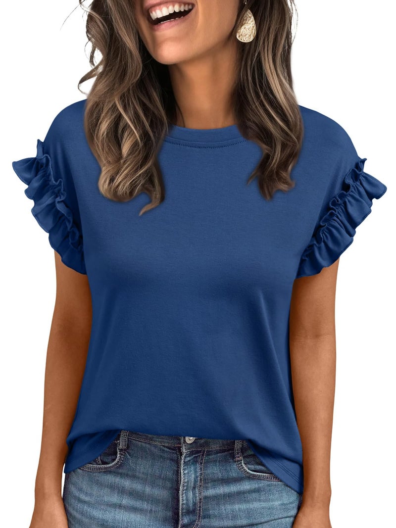 AUTOMET Womens Summer Trendy Tops Business Casual Short Sleeve Tshirts 2026 Cute Dressy Ruffle Crewneck Fashion Work OutfitsNavy S - Image 1