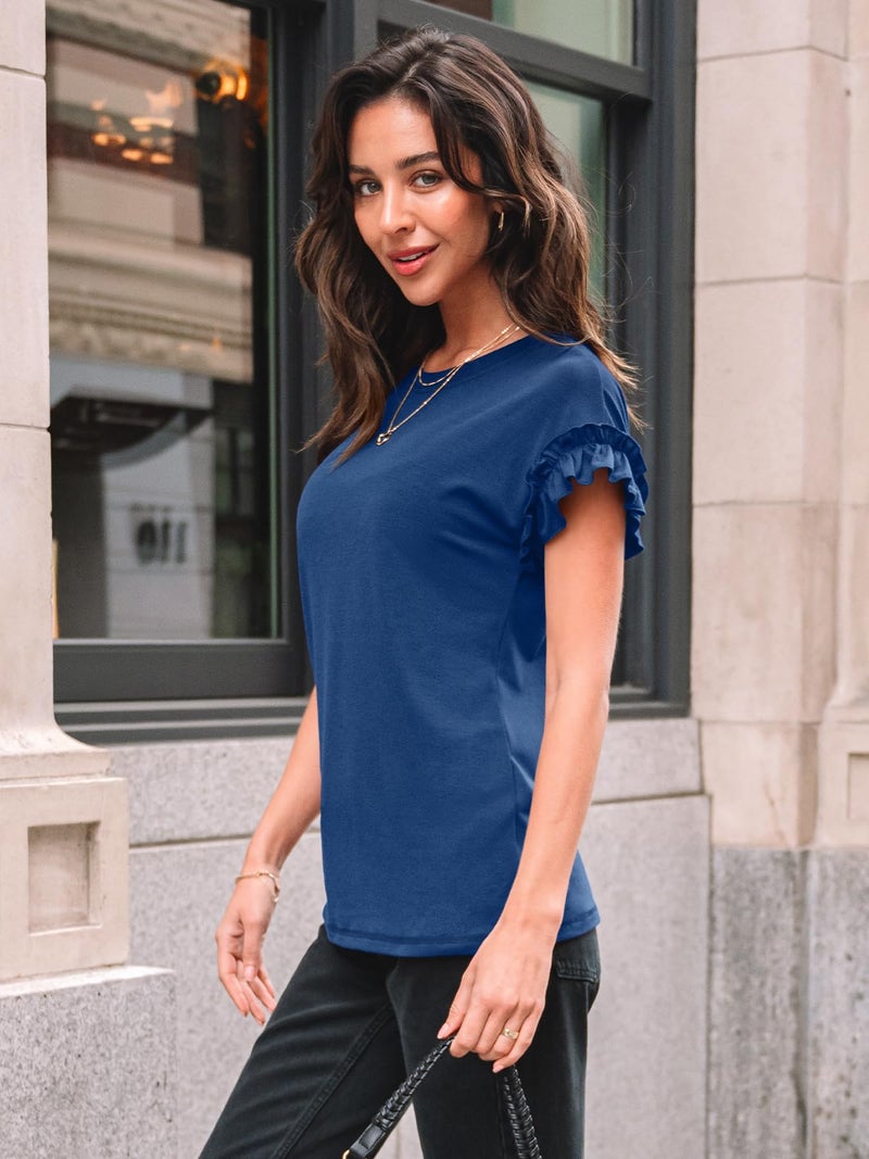 AUTOMET Womens Summer Trendy Tops Business Casual Short Sleeve Tshirts 2026 Cute Dressy Ruffle Crewneck Fashion Work OutfitsNavy S - Image 3
