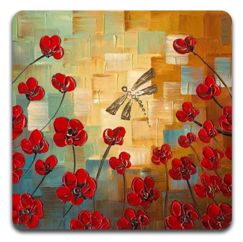 QJ CMJ Red Oil Painting Square Coaster Set - Made of Recycled Rubber - Set of 4 - Image 2