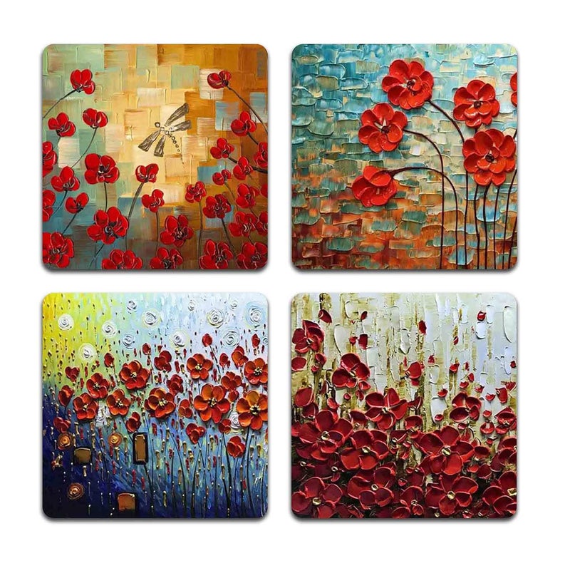 QJ CMJ Red Oil Painting Square Coaster Set - Made of Recycled Rubber - Set of 4 - Image 1