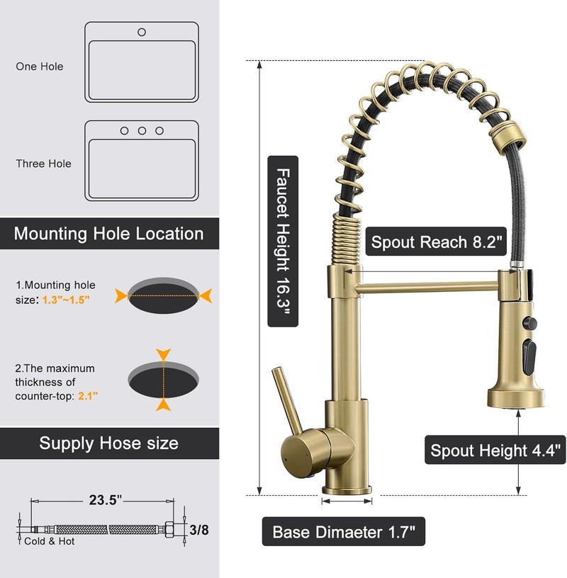AIMADI Brushed Gold Kitchen Faucet, Kitchen Faucets with Pull Down Sprayer Single Handle One Hole Faucet for Farmhouse Gold Faucet for Kitchen Sink - Image 5