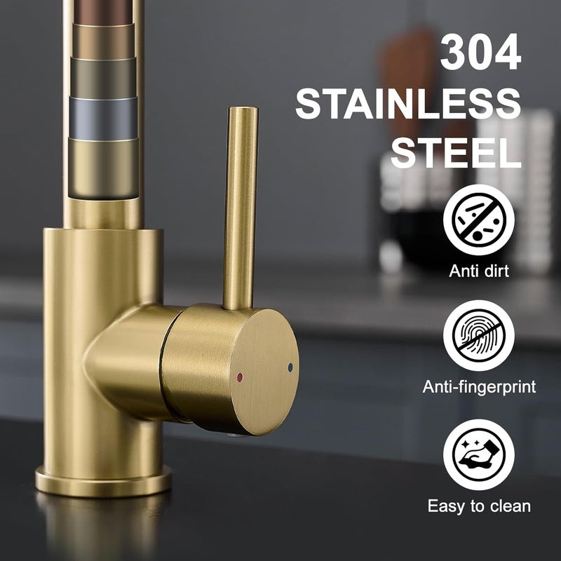 AIMADI Brushed Gold Kitchen Faucet, Kitchen Faucets with Pull Down Sprayer Single Handle One Hole Faucet for Farmhouse Gold Faucet for Kitchen Sink - Image 3