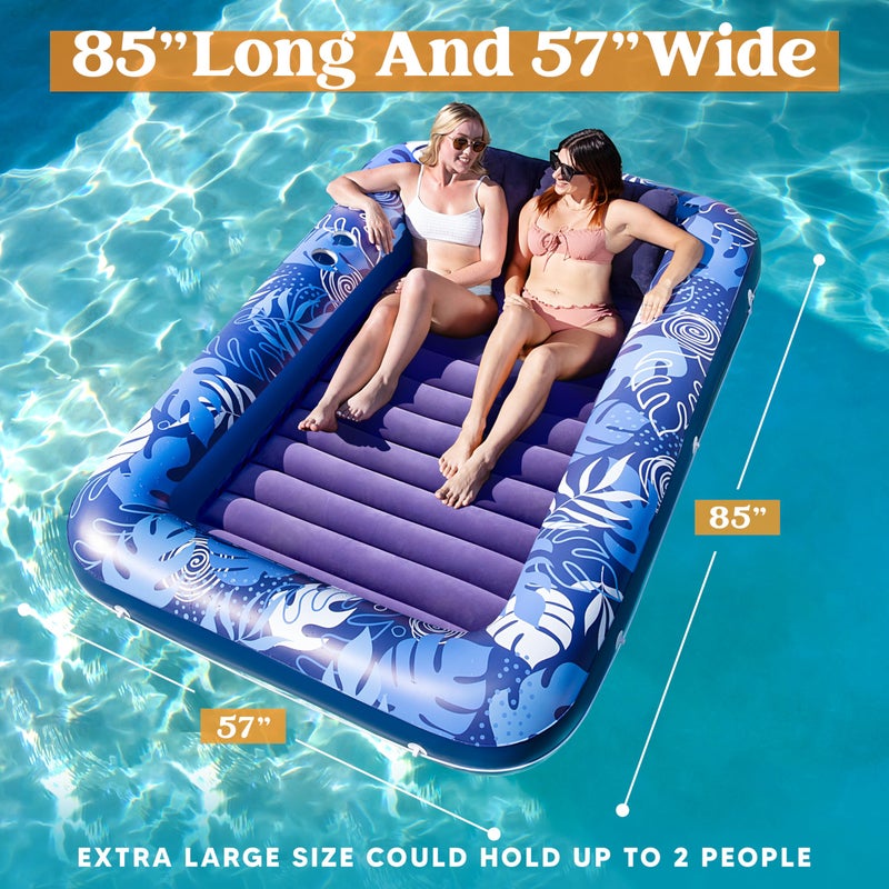 SLOOSH Inflatable Tanning Pool Lounger Float, 85" x 57" Extra Large Pool Floats Adult with Pillow, 4 in 1 Suntan Tub Raft Floatie,Sunbathing Bed Lounge for Water Blow Up Ball Pit, XL-Dark Blue - Image 2