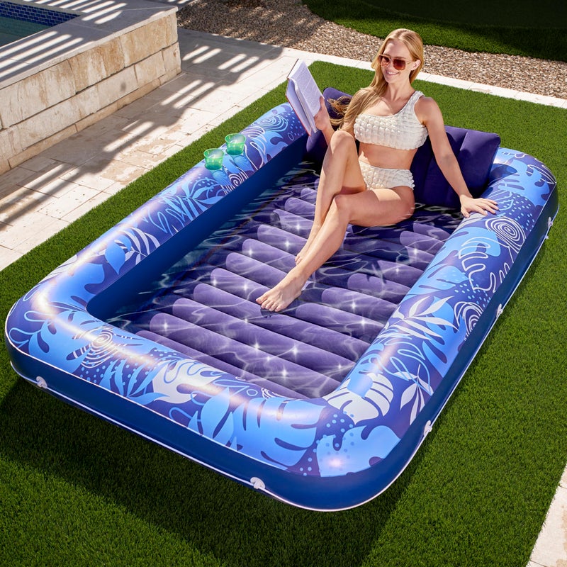 SLOOSH Inflatable Tanning Pool Lounger Float, 85" x 57" Extra Large Pool Floats Adult with Pillow, 4 in 1 Suntan Tub Raft Floatie,Sunbathing Bed Lounge for Water Blow Up Ball Pit, XL-Dark Blue - Image 1