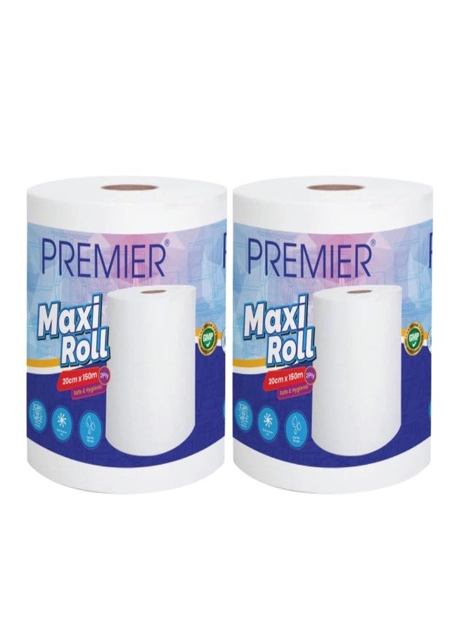 Premier Maxi Roll Tissue Papers - Pack of 2 | Multipurpose Disposable Paper Napkins | 15 GSM 2-Ply, 20cm x 150m | Gentle & Hygienic Tissues for Home, Office & Travelling - Image 1