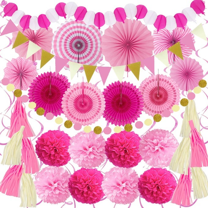 PARTY DECORATIONS 41 PCS PINK PAPAR FANS POMPOMS GARLANDS STRING TISSUE PAPER TASSEL FOR FIESTA HOME BRIDAL BABY SHOWER WEDDING BOY GIRL BIRTHDAY PARTY
