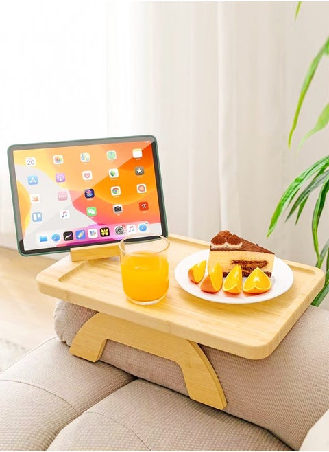 طاولة بذراع متعددة الأغراض من الخيزران للأرائك العريضة، صينية أريكة قابلة للطي مع حامل هاتف يدور بزاوية 360 درجة، مسند ذراع محمول، طاولة تقديم للأكل والشرب، 15.3 × 9.8 بوصة