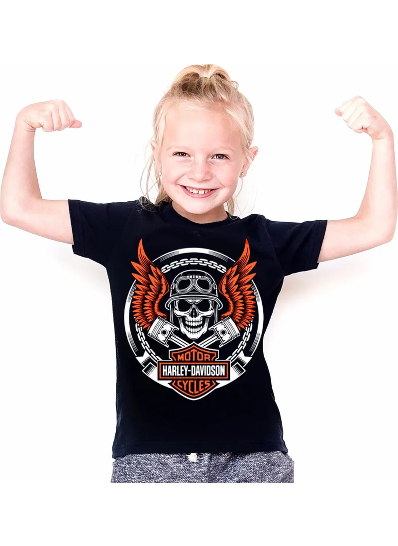 Rock&Roll Biker Skull Black Short Sleeve Unisex Kids T-Shirt