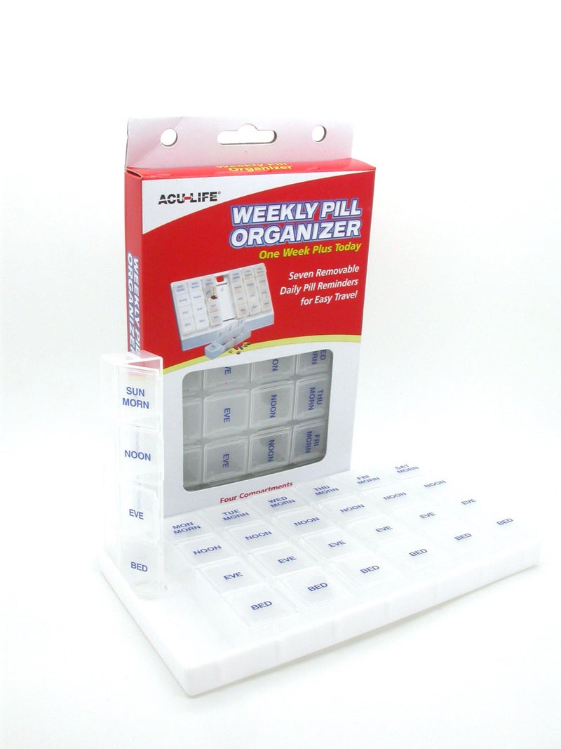 Acu-Life Weekly (7-Day) Pill Case, Medicine Planner, Vitamin Organizer Box, 4 Times a Day AM/PM, One Week Plus Today, Removable Compartments, Easy to Use, White, BPA Free - Image 2