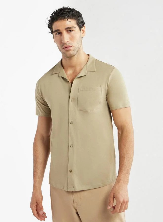Splash FAV Solid Camp Collar Shirt with Short Sleeves and Pocket