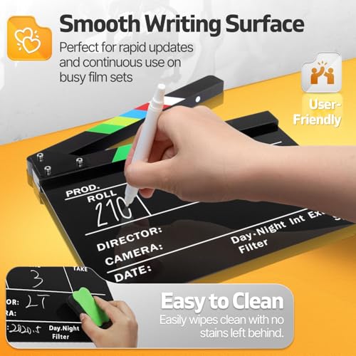 Flexzion Acrylic Plastic Clapboard Director's Clapper Board Dry Erase Cut Action Scene Slateboard for Hollywood Camera Film Studio Home Movie Video 10x12" with Color Sticks - Image 3