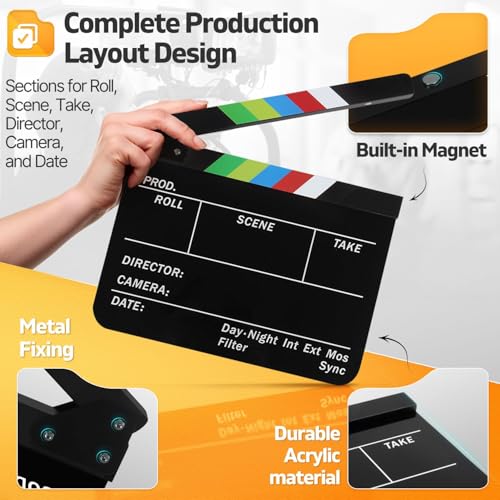 Flexzion Acrylic Plastic Clapboard Director's Clapper Board Dry Erase Cut Action Scene Slateboard for Hollywood Camera Film Studio Home Movie Video 10x12" with Color Sticks - Image 5