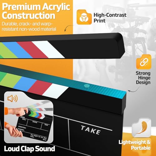 Flexzion Acrylic Plastic Clapboard Director's Clapper Board Dry Erase Cut Action Scene Slateboard for Hollywood Camera Film Studio Home Movie Video 10x12" with Color Sticks - Image 4