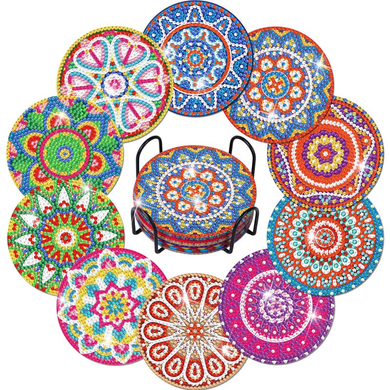 Billbotk Diamond Painting Coasters Kit 10 Pieces Mandala Diamond Art Coasters with Holder DIY Diamond Arts and Crafts for Adults