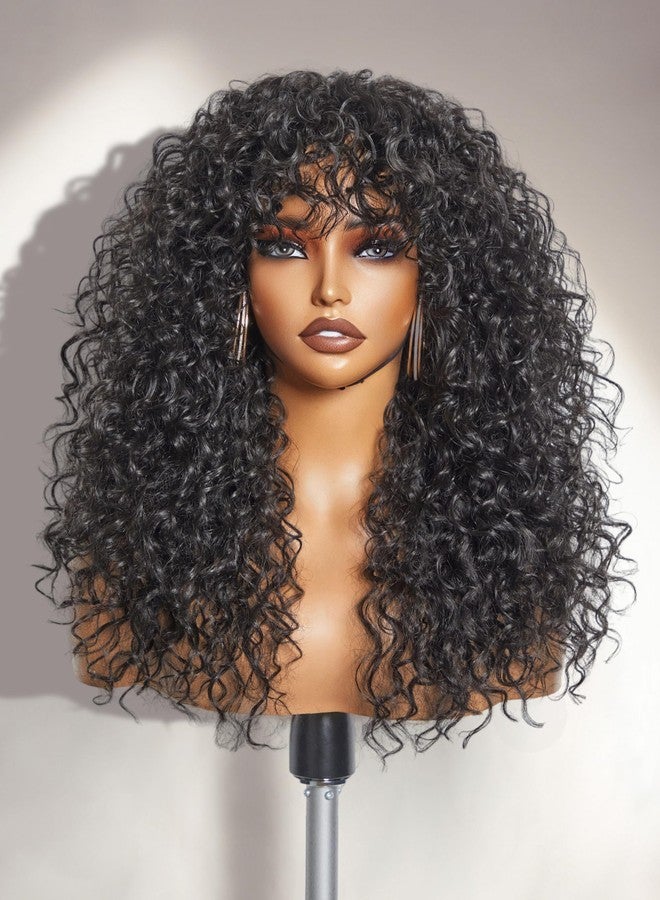 GORGIUS Shaggy Haircuts Natural Black Curly Wigs with Bangs Crafted with Style-Archive™ Technology: Premium Fiber & Remy Human Hair Blended, Realistic Look with True Scalp - Image 1