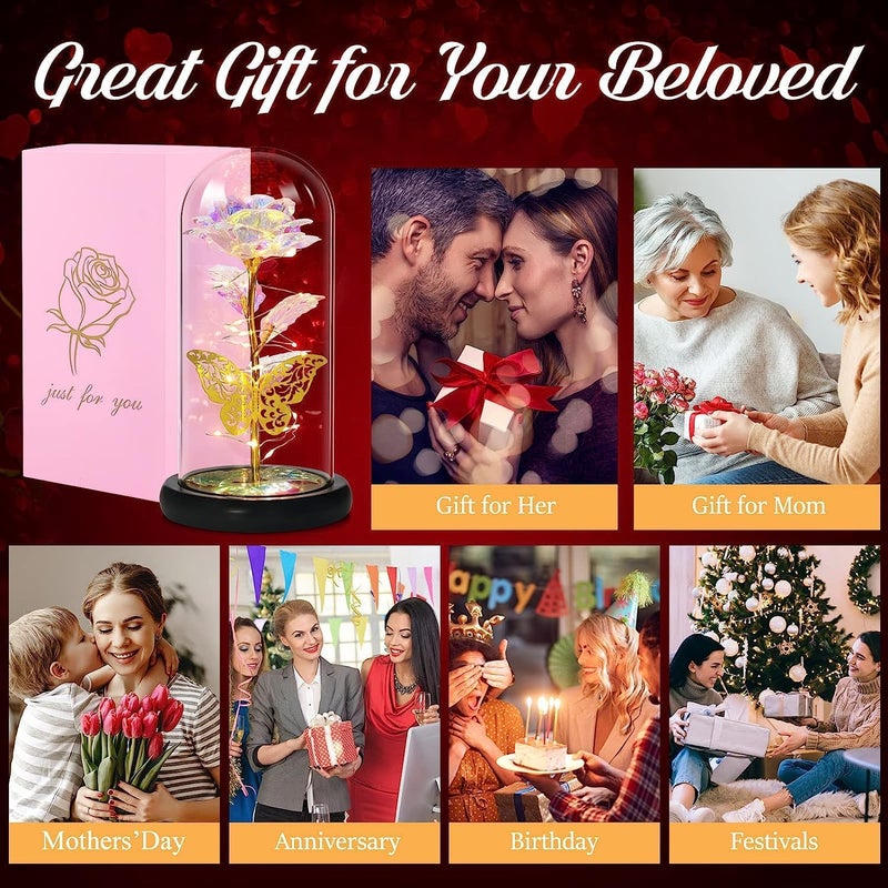 RudraLand Preserved Flower Gift Light Up Rose in Glass Dome Eternal Forever Rose Flower ValentinesAnniversaryWedding Gifts Rainbow Forever Rose in Glass Dome Butterfly - Image 4
