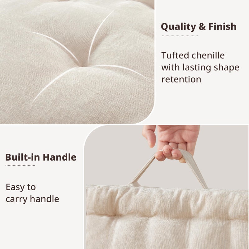 Intelligent Design Large Floor Pillow for Adults Yoga or Meditation Cushion with Handle, Floor Cushion for Board Games, Lustrous Chenille Tufted, Handsewn Scalloped Edge, Azza, 24" x 24" x 5" Ivory - Image 3
