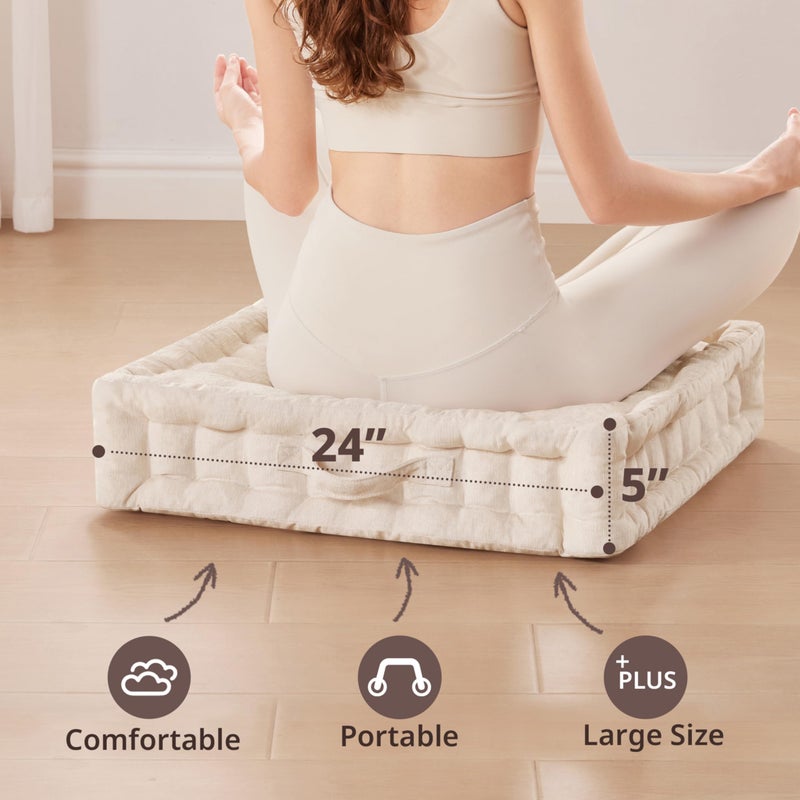 Intelligent Design Large Floor Pillow for Adults Yoga or Meditation Cushion with Handle, Floor Cushion for Board Games, Lustrous Chenille Tufted, Handsewn Scalloped Edge, Azza, 24" x 24" x 5" Ivory - Image 4