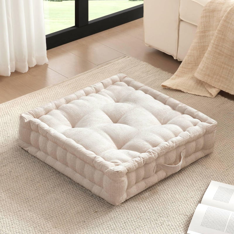 Intelligent Design Large Floor Pillow for Adults Yoga or Meditation Cushion with Handle, Floor Cushion for Board Games, Lustrous Chenille Tufted, Handsewn Scalloped Edge, Azza, 24" x 24" x 5" Ivory - Image 1