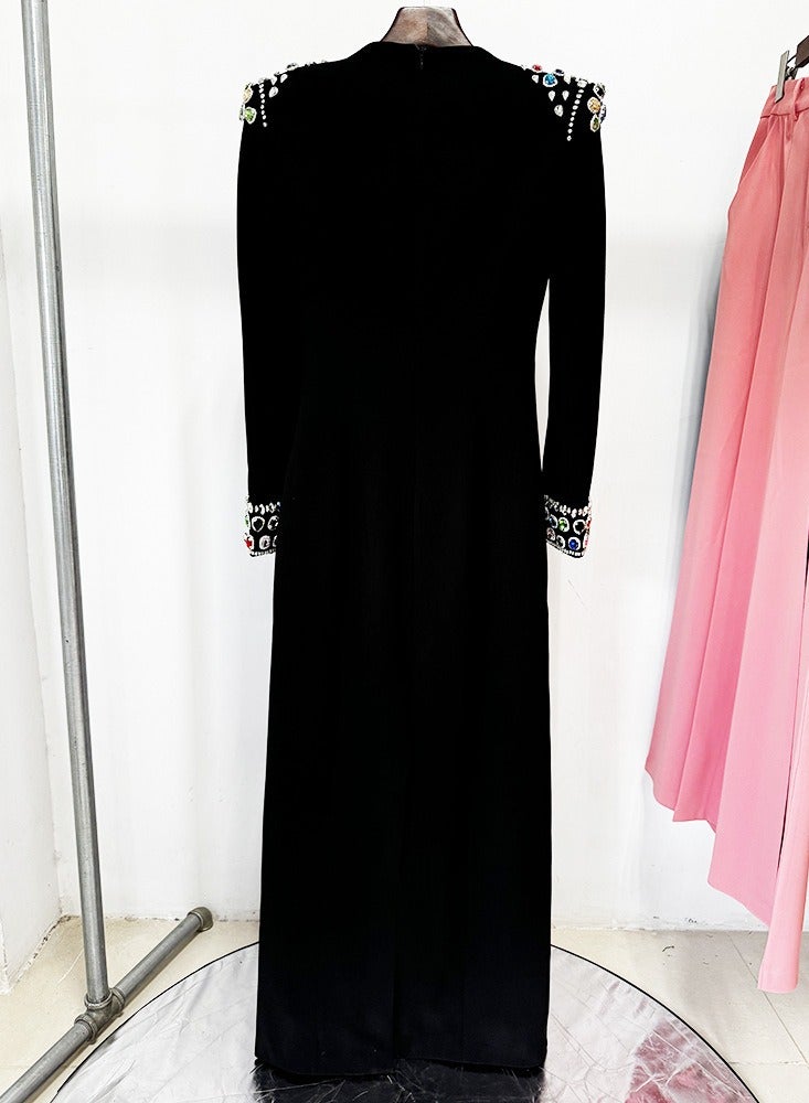 NIBEMINENT A Fashionable And Elegant Long Dress With Gemstone And Diamond Settings, Long-sleeved Long Dress For Ladies  - Image 2