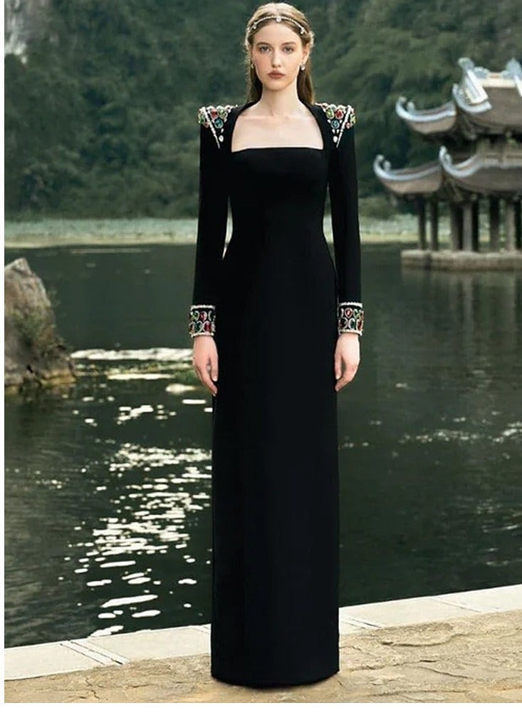 NIBEMINENT A Fashionable And Elegant Long Dress With Gemstone And Diamond Settings, Long-sleeved Long Dress For Ladies  - Image 1