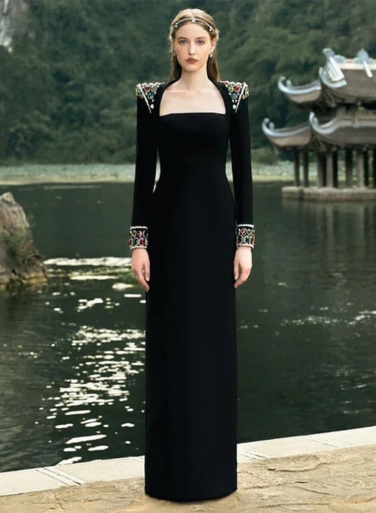 NIBEMINENT A Fashionable And Elegant Long Dress With Gemstone And Diamond Settings, Long-sleeved Long Dress For Ladies  - Image 3