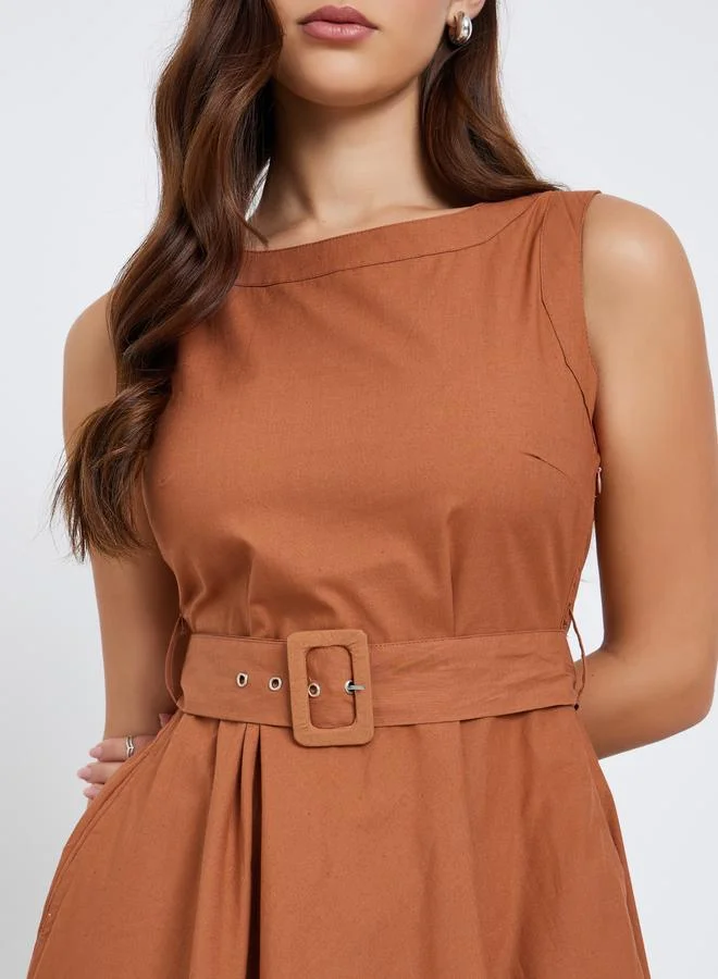 Styli Styli Brown Sleeveless A-Line Midi Dress