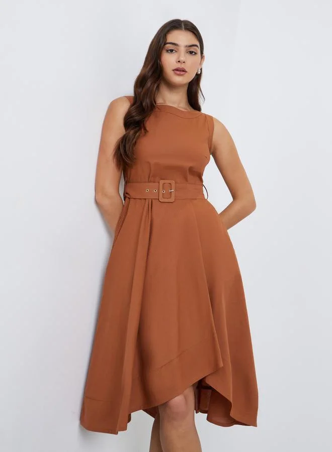 Styli Styli Brown Sleeveless A-Line Midi Dress