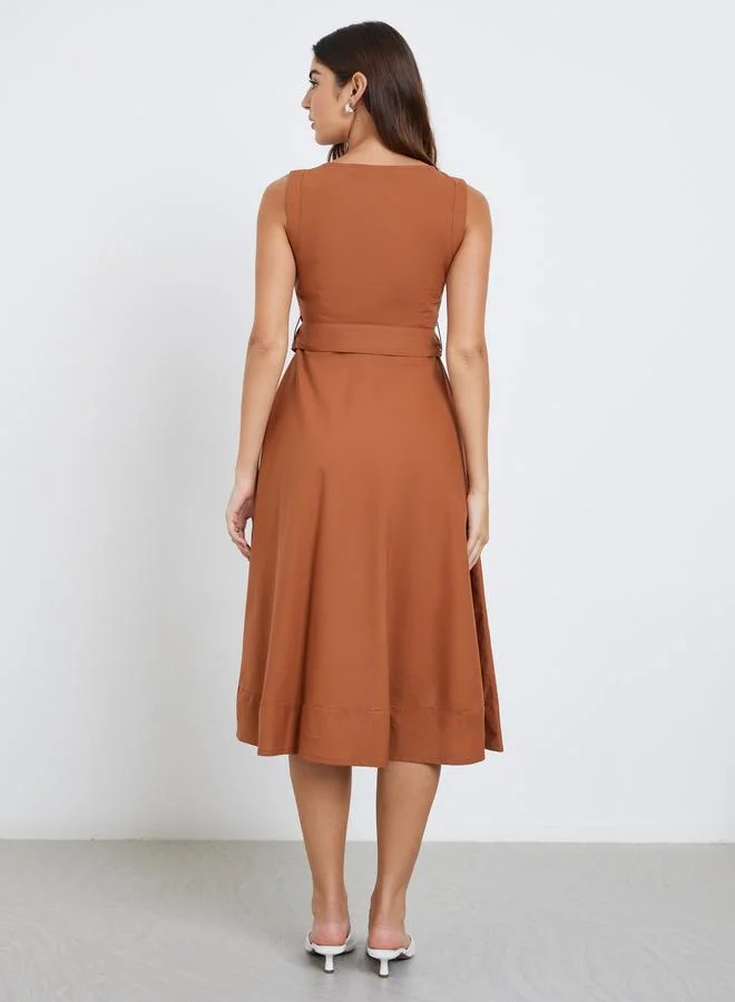 Styli Styli Brown Sleeveless A-Line Midi Dress