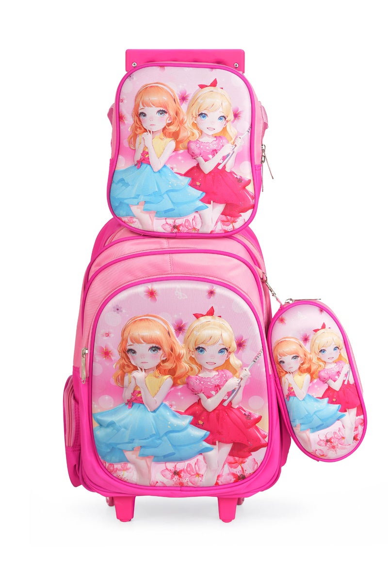 KTMC 3D Cartoon Dancing Girl Triple Set Pen Bag, Lunch Bag, School Trolley Bag for Baby Girls- Dark Purple & Light Purple 9912